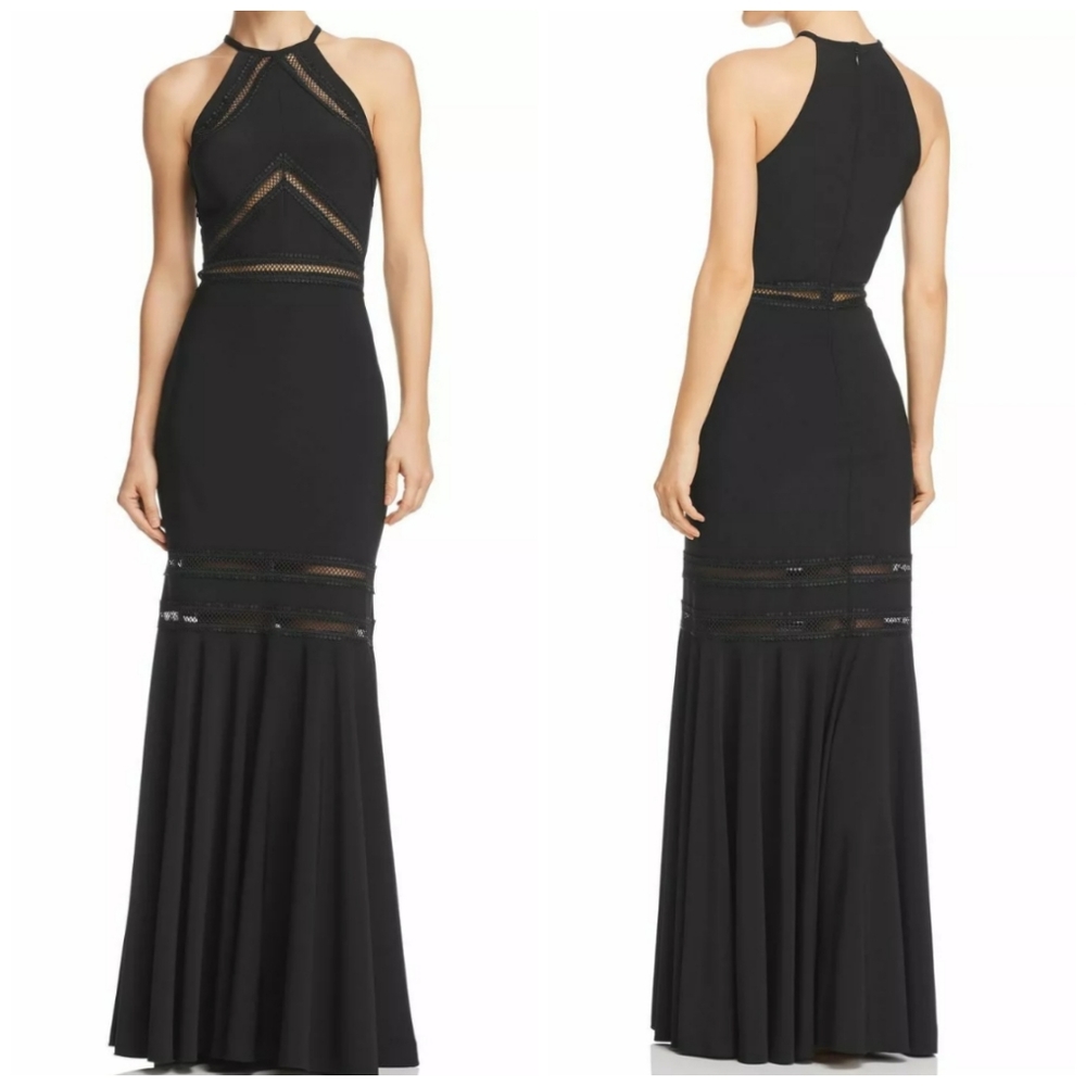 $300 Bloomingdale's Aqua Dress halter mermaid  long  black cocktail dress sz 10